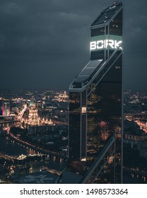 MOSCOW, RUSSIA - AUGUST 20, 2019: Mercury City Tower At Night