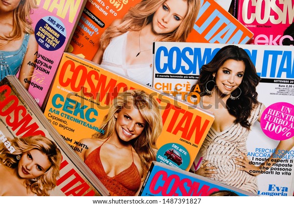 Moscow, Russia - August 20, 2019: heap of\
Cosmopolitan magazines. The Cosmopolitan is an international\
fashion and entertainment magazine for women, one of the\
best-selling magazines in the\
world