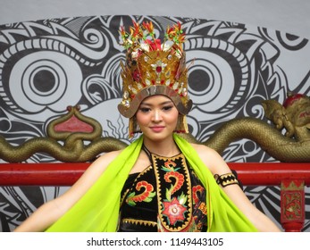 Moscow, Russia - August 2018: Indonesian girl in national dress performs a traditional dance during the days of Indonesia in Moscow