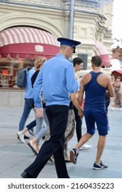 Moscow Russia - August 2018 - Policeman Walking In The Street