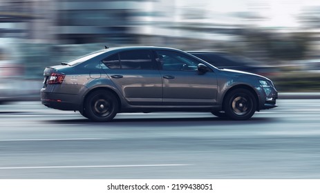 Moscow, Russia - August 2022: Skoda Octavia Mk3 At The City Road In Motion. Gray Car Driving Along The Street In City, Side View. Accelerating With Low-emission.