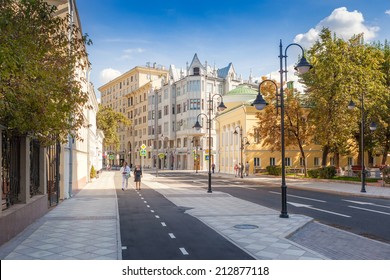 MOSCOW, RUSSIA - AUGUST 24 2014: Pyatnitskaya street after renovation with locals and tourists. Moscow city government reconstruct whole street conception and made it pedestrianized at weekends.