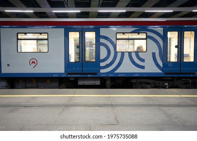 Moscow, Russia - August, 25th 2019 - A Train In Moscow Subway Station With Doors Closed. 