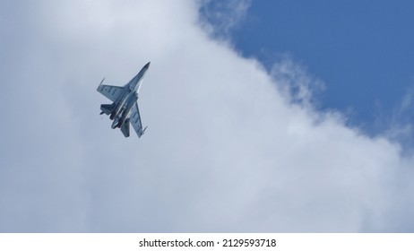 Moscow Russia AUGUST, 26, 2015 Supersonic Russian Military Jet Plane Performs Combat Maneuvers In The Sky. Copy Space. Sukhoi Su-35 Flanker-E Russian Air Force