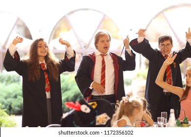 Moscow, Russia, August 27, 2018: Harry Potter Animator Team Performing On Private Kids Birthday Party In Restaurant In Moscow Close Up Photo