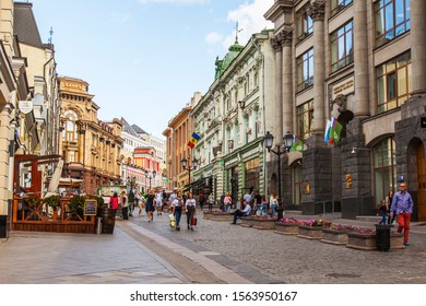 Moscow, Russia, August 27, 2019. Kuzneckiy most - typical Moscow streets with a traditional architectural ensemble.