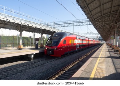 Moscow, Russia - August 27 2021: Modern City Electric Train Stadler KISS ESh2 Class On MCK Line