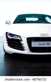 MOSCOW, RUSSIA - AUGUST 27: White sport car Audi R8 at Moscow International exhibition InterAuto on August 27, 2008 in Moscow, Russia.
