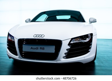 MOSCOW, RUSSIA - AUGUST 27: White sport car Audi R8 at Moscow International exhibition InterAuto on August 27, 2008 in Moscow, Russia.