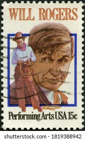 MOSCOW, RUSSIA - AUGUST 30, 2020: A Stamp Printed In USA Shows William Penn Adair Will Rogers (1879-1935), Actor And Humorist, Performing Arts, 1979