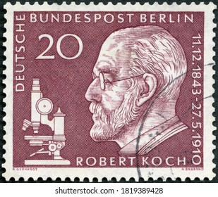 MOSCOW, RUSSIA - AUGUST 30, 2020: A Stamp Printed In Germany Shows Robert Heinrich Hermann Koch (1843-1910), Discoverer Of Tubercle Bacillus, 1882, Nobel Prize In Physiology Or Medicine, 1959