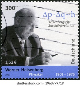 MOSCOW, RUSSIA - AUGUST 30, 2020: A stamp printed in Germany shows Werner Karl Heisenberg (1901-1976), Physicist, 2001