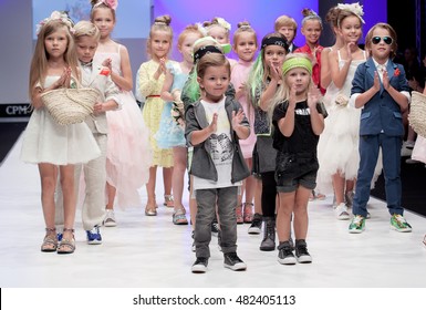 Moscow, Russia  August 31, 2016: International Fashion Trade Show, collections for spring-summer 2017, on the catwalk models present a new style children's collection