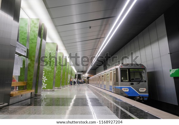 Moscow, Russia - August, 31, 2018: subway\
train on the station  Ramenky in Moscow,\
Russia