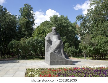Moscow, Russia - August 4, 2021: Monument to Leo Tolstoy in Khamovniki