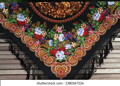 MOSCOW, RUSSIA - AUGUST 5, 2018: Traditional National Russian Pavlovo Posad Shawl 