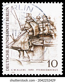 MOSCOW, RUSSIA - AUGUST 5, 2021: Postage Stamp Printed In Germany, Berlin, Shows Horsebus, Berlin People Of The 19th Century Serie, Circa 1969