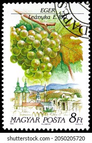 MOSCOW, RUSSIA - AUGUST 5, 2021: Postage stamp printed in Hungary shows Eger, Hungarian Wine Regions serie, circa 1990