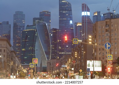 Moscow, Russia - August 7, 2022: Old Houses Are Combined With Modern Buildings. MIBC (Moscow International Business Center). Bolshaya Dorogomilovskaya Street. Summer Night. High Angle View