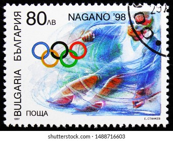 MOSCOW, RUSSIA - AUGUST 8, 2019: Postage Stamp Printed In Bulgaria Shows Skiing, Winter Olympic Games 1998 - Nagano Serie, Circa 1997