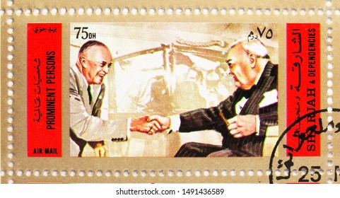 MOSCOW, RUSSIA - AUGUST 8, 2019: Postage Stamp Printed In Emirate Of Sharjah Shows President Eisenhower, Winston Spencer Churchill Serie, Circa 1972