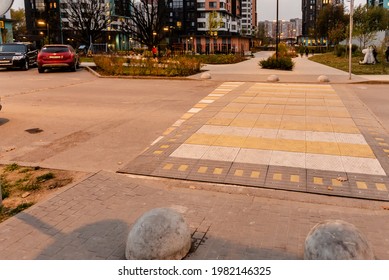 Moscow. Russia. Autumn 2020. Raised Pedestrian Crosswalk. Crossing The Road In Modern Landscaping.