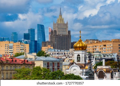 Moscow. Russia. Cathedral Of Christ The Savior Top View. Panorama Of Moscow Aerial View. Moscow City. Roofs Of Metropolitan Buildings. Russian Architecture. Buildings On The Background Of The Sky.