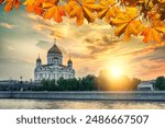 Moscow Russia. Cathedral of Christ the Saviour in autumn sunset in Moscow, Russia. Autumn view of famous Moscow landmark