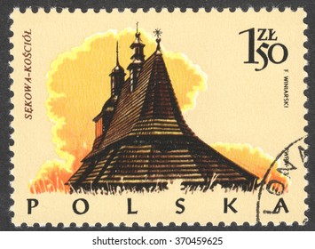 MOSCOW, RUSSIA - CIRCA FEBRUARY, 2016: a post stamp printed in POLAND shows a traditional Polish building, the series "Timber Architecture", circa 1973