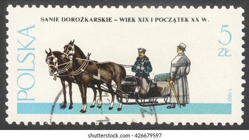 MOSCOW, RUSSIA - CIRCA MAY, 2016: a post stamp printed in POLAND shows a Sled coach, the series "Horse-drawn Vehicles", circa 1980