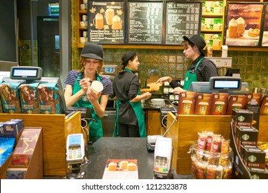 MOSCOW, RUSSIA - CIRCA OCTOBER, 2018: Staff At Starbucks In Moscow.