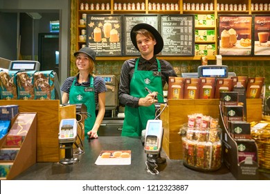 MOSCOW, RUSSIA - CIRCA OCTOBER, 2018: Staff At Starbucks In Moscow.