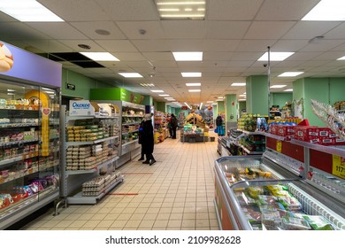 Moscow, Russia - Dec 26. 2021. Interior of the Pyaterochka Food stores