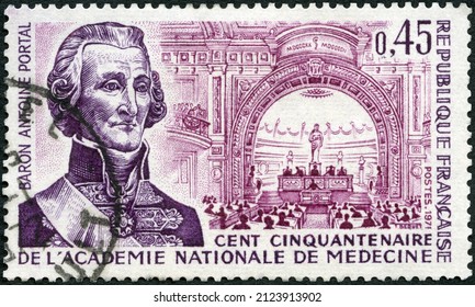 MOSCOW, RUSSIA - DECEMBER 03, 2021: A stamp printed in France shows Baron Antoine Portal (1742-1832), first Session of Academy  pharmacist and agronomist, Anniv. of National Academy of Medicine, 1971