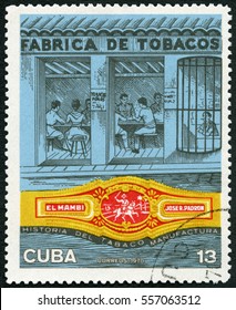 MOSCOW, RUSSIA - DECEMBER 17, 2016: A stamp printed in Cuba shows Factory, El Mambi band, Jose R Padron, Cuban Cigar Industry, 1970