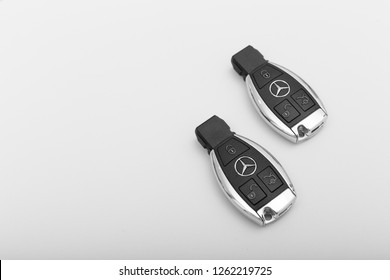 MOSCOW, RUSSIA - DECEMBER 2, 2018: Mercedes Benz Car Key On A Smooth Background