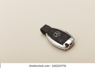 MOSCOW, RUSSIA - DECEMBER 2, 2018: Mercedes Benz Car Key On A Smooth Background