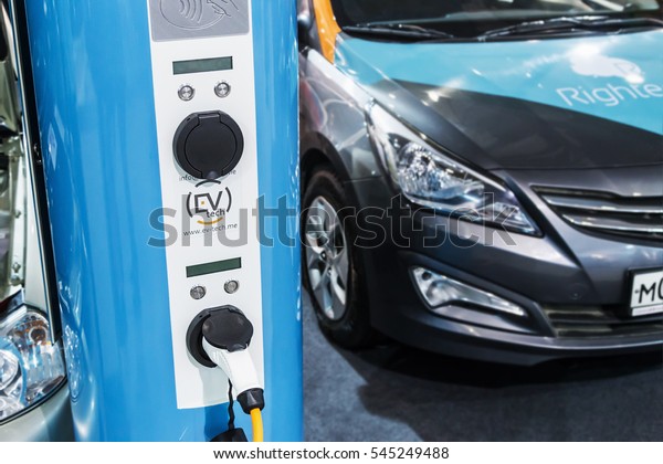 Moscow, Russia, December 20, 2016: exhibits at the\
exhibition dedicated to the technologies connected Connected Car\
car. Equipment for electrical cars and achievements in the field of\
connected cars