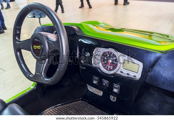 MOSCOW, RUSSIA - December\
20, 2016: Exhibition Connected Car 2016. The exhibition showing all\
the technological advances in the industry connected cars. Focus on\
car.