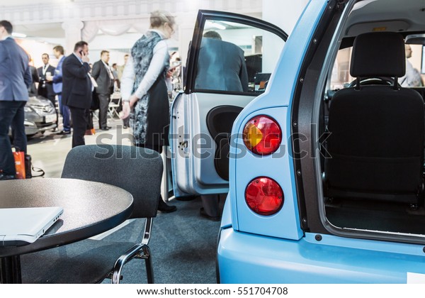 Moscow,\
Russia, December 20, 2016: exhibits at the exhibition dedicated to\
the technologies related Connected Car. Equipment for electric cars\
and achievements in the field of connected\
cars
