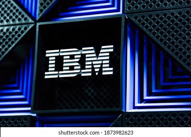 Moscow, Russia - December, 2020: IBM logo on a storage rack in Datacenter