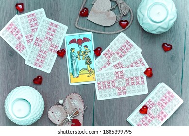 Moscow, Russia - December 2020: Tarot reading, cards layout on table. Esoteric concept, love. Valentine concept     