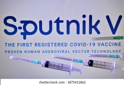 Moscow, Russia. December 2020.Sputnik Covid19 Vaccine With Syringes