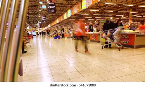 MOSCOW, RUSSIA - DECEMBER, 23, 2016. International Chain Supermarket Globus. Checkout Area