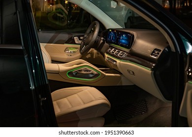 Moscow, Russia - December 24, 2019: Empty Interior Of Premium SUV Mercedes GLS-class  2020 Model. Night Photosession