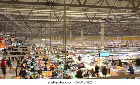 MOSCOW, RUSSIA - DECEMBER, 25, 2016. International Chain Supermarket Globus. Checkout Area 