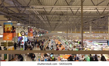 MOSCOW, RUSSIA - DECEMBER, 25, 2016. High Angle Long Exposure Shot Of Supermarket Checkout Area