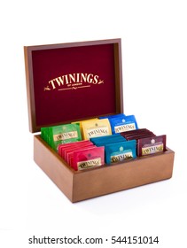 MOSCOW, RUSSIA- DECEMBER 28, 2016: Collection set of Twinings English Breakfast tea bags in wooden box. Twinings is English marketer of tea brand is owned by Associated British Foods.