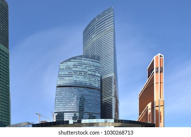 MOSCOW, RUSSIA - FEB 14, 2018: Moscow International Business Center (MIBC). Federation Towers, Complex Of Two Skyscrapers And Mercury City Tower