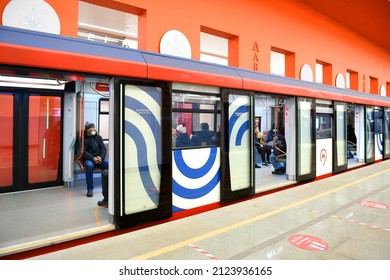 MOSCOW, RUSSIA - FEBR 15, 2022: Train At Davydkovo, Station On Bolshaya Koltsevaya Line Of Moscow Metro